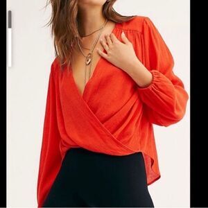 Free people check on it faux wrap top red orange xs ob1076865 textured